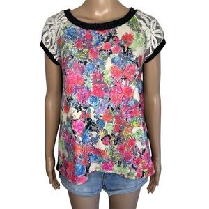 Anthropologie Mauve Colorful Floral Crewneck Short Sleeve Open Back Blouse Top